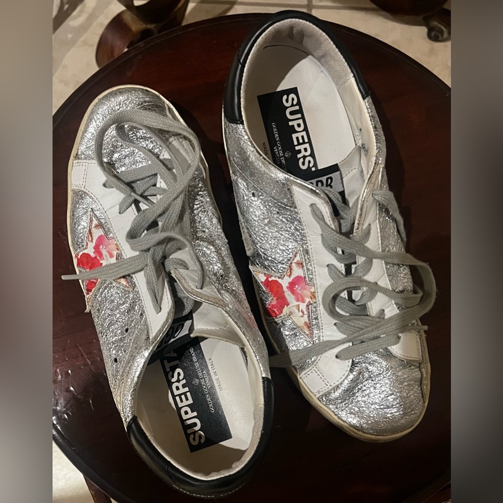 Golden Goose Silver and White Sneakers